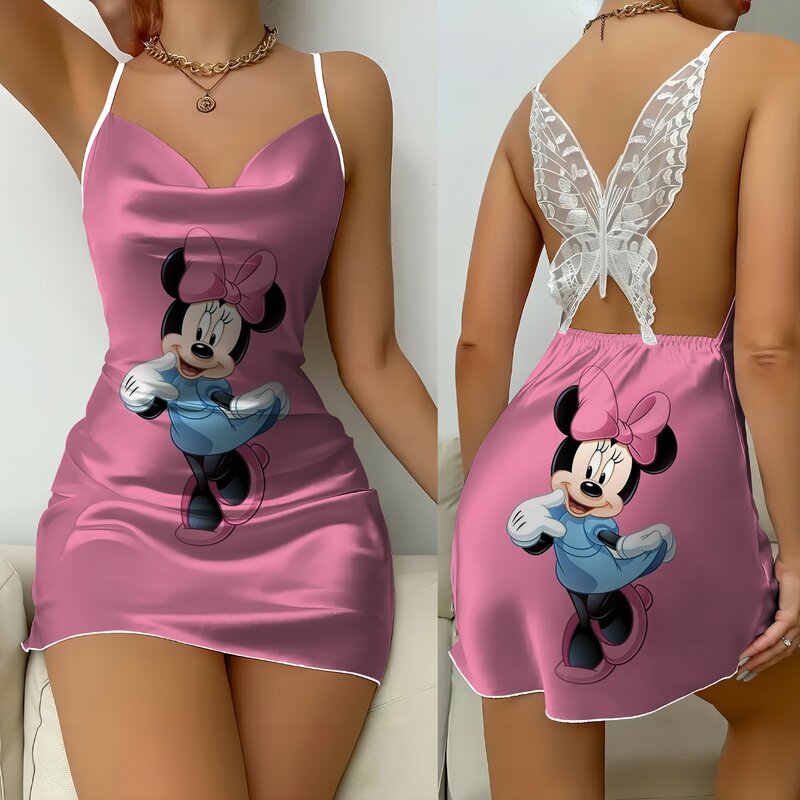 Vestido corto de encaje con estampado de Disney para verano, minivestido Sexy con estampado de Mickey y Minnie Mouse, falda de pijama con lazo para fiesta, 2024
