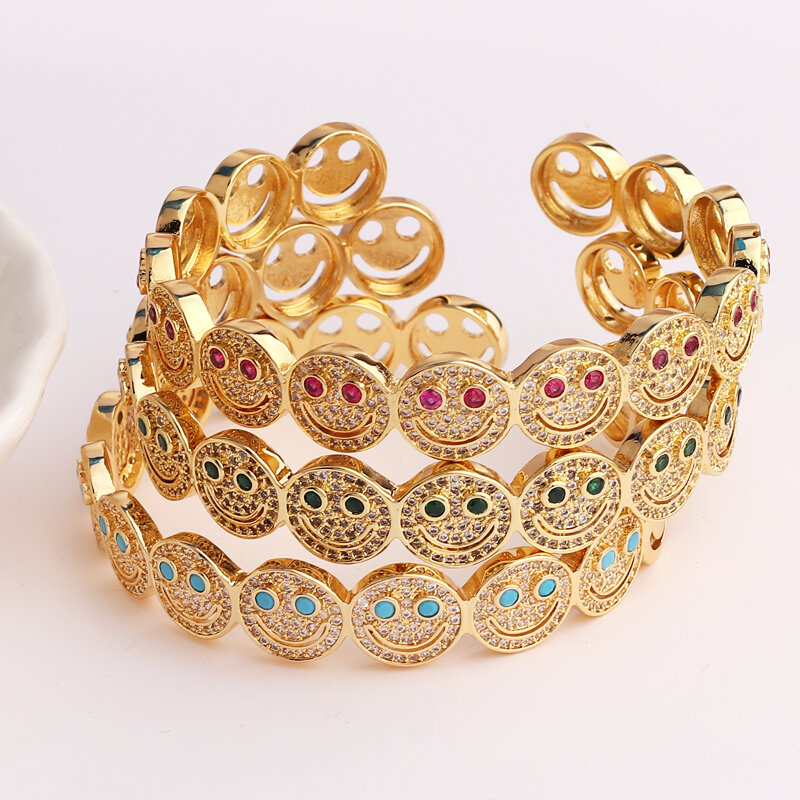 2023 neue einfache Lächeln Smiley Armband Kupfer vergoldet Zirkonia Runde Lächeln Manschette Armband Frauen klassische Party Geschenk