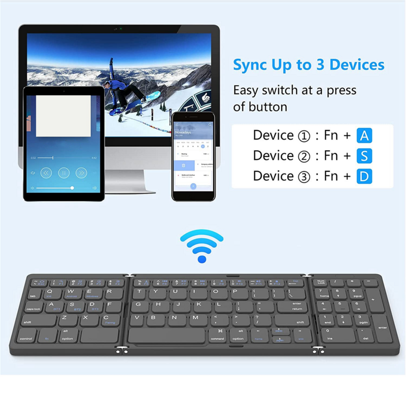 Teclado Bluetooth plegable, teclado inalámbrico recargable por USB para IOS, Android, Windows, PC, ordenador portátil, Smartphone, gris