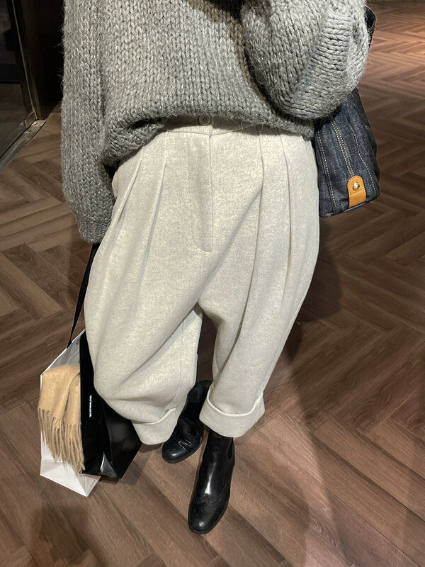 Chic donna Casual tasche larghe pantaloni tuta di lana autunno inverno vita alta addensare pantaloni Harem solidi da donna coreana WP49
