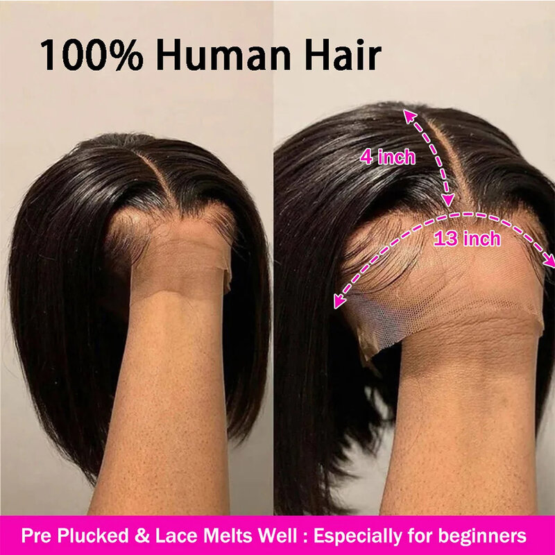 Perruque Bob Lace Front Wig naturelle brésilienne Remy lisse, cheveux courts, 13x4 HD, cheveux humains, pre-plucked, sans colle