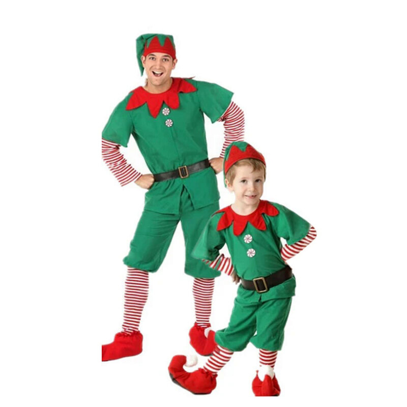 Kostiumy dla dorosłych dzieci Elf Cosplay kostiumy bożonarodzeniowe kobiety sukienki mężczyźni najlepsze spodnie Boże Narodzenie kapelusz garnitur kostium na Halloween
