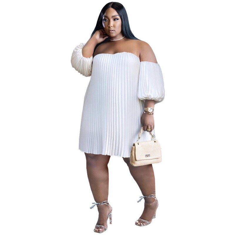 XL-4XL Plus Size Dresses Women 2023 Summer Clothing Short Sleeve Strapless Pleated Loose Sexy Party Midi Dress Dropshipping