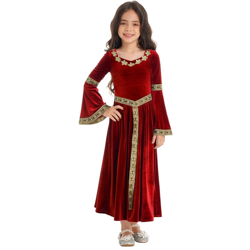 Детское вельветовое платье принцессы средневековой королевы для девочек, танцевальная одежда на Рождество, Хэллоуин, карнавал, яркое платье, костюм