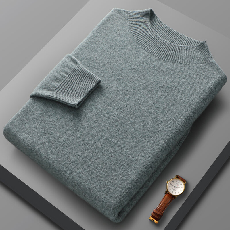 Suéter de lana 100% pura para hombre, jersey básico de punto de manga larga con cuello alto, Color sólido, Top informal a la moda