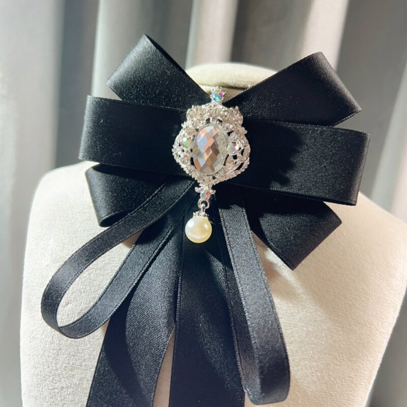 Pajarita de perlas Vintage con diamantes de imitación parpadeantes, alfileres ajustables, joyería francesa, broche elegante, colgante de cristal para mujer