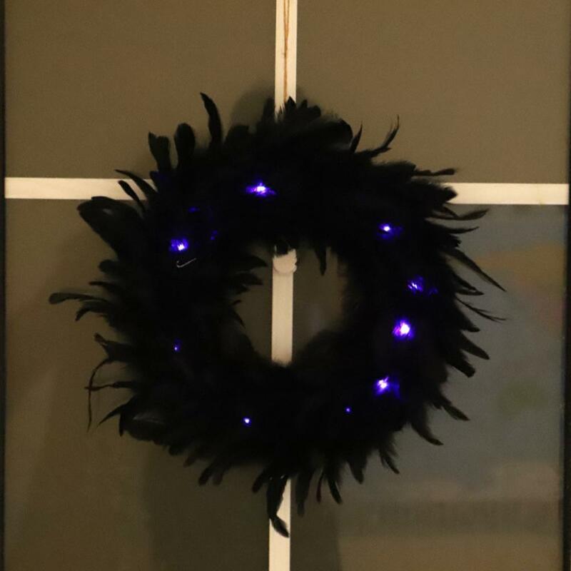 15-Inch Feather Wreath Black Feathered Front Door Wreath Decoration Cocktail Feathers Halloween Artificial Garlands Party Decor