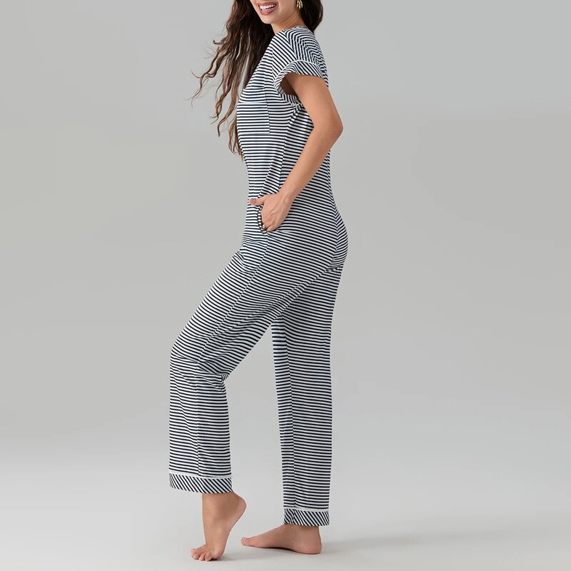 Mode Damen Sommer Pyjama Overalls neue y2k Mädchen gestreiften Druck V-Ausschnitt Kurzarm Lounge Stram pler für weiche Nachtwäsche