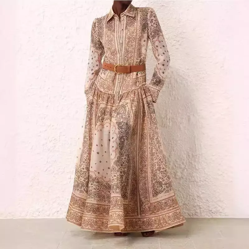 2024 Luxus einreihige Position ierung gedruckt langes Kleid Urlaub modische Kleid Hosenträger mit Gürtel, feminines Temperament
