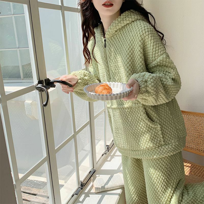 Коралловая бархатная Пижама зимняя женская толстая Свободная Домашняя одежда на флисовой подкладке с длинным рукавом Фланелевая теплая ночная одежда с воротником-стойкой