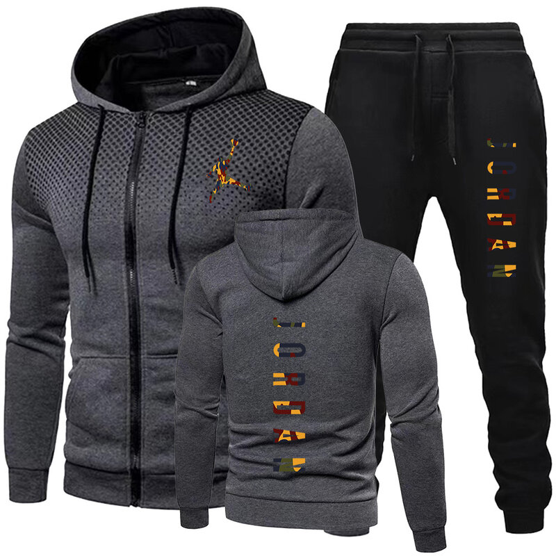 2024 New Spring Autumn Fleece Print Men's Tracksuit Hoodies Pants 2Pcs Sets Sports Suit High Quality Brand Men's Clothing