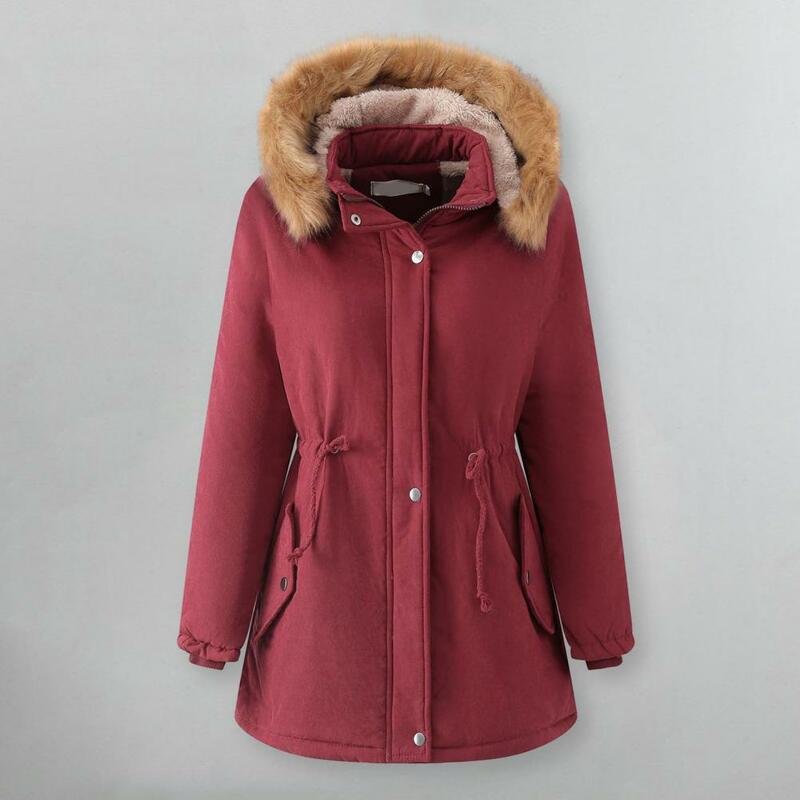 Autumn Winter Women Coat Mid-length Detachable Hooded  Jacket Solid Color Fleece Lining Stand Collar Long Sleeve Outwear