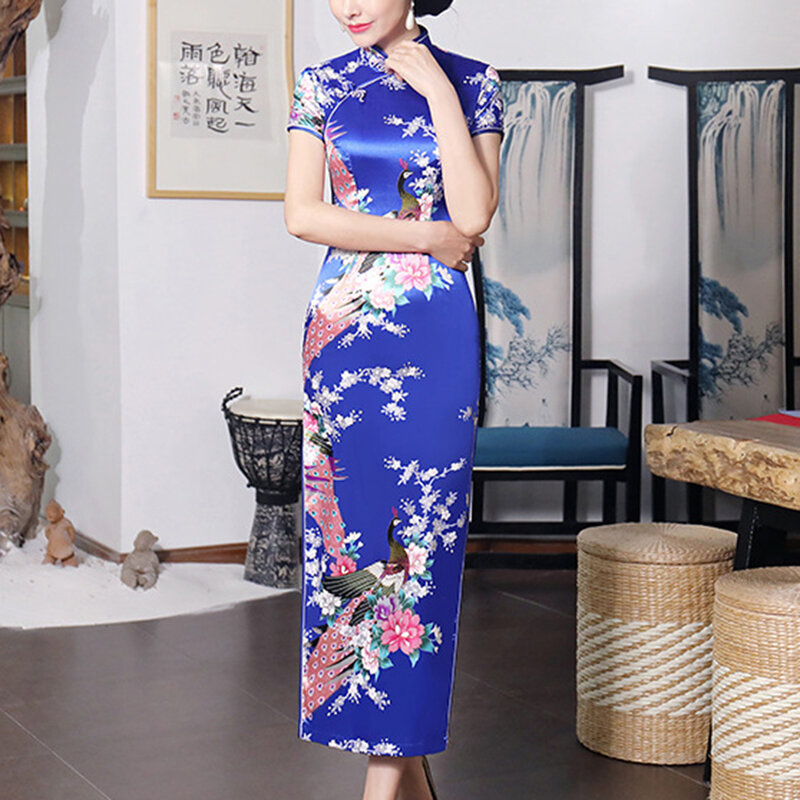 Casual Shopping primavera abito in raso cinese Cheongsam stampa fiore tinta unita 1 pz nessuna elasticità poliestere donna