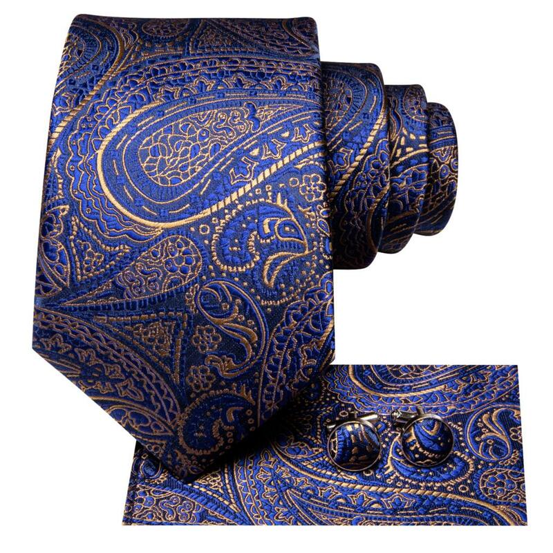 Hi-Tie Дизайнерские Темно-синие золотые шелковые галстуки Пейсли для мужчин подарочные мужские галстуки-Запонки Свадебный модный бизнес Прямая поставка