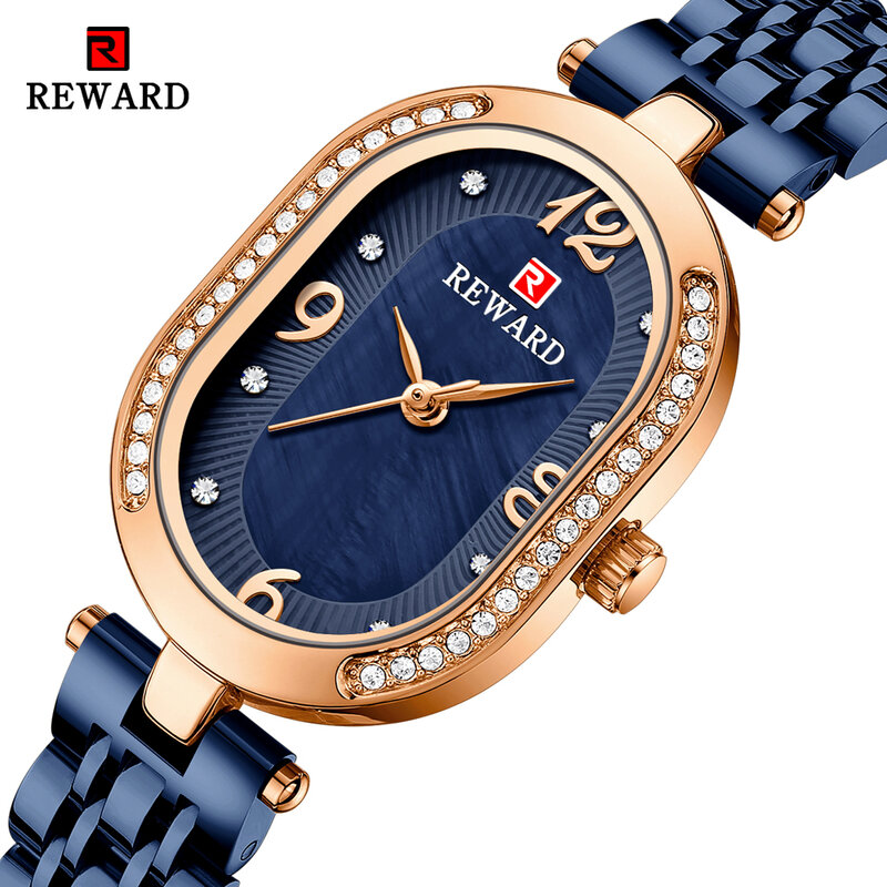 REWARD 여성용 스테인리스 스틸 라인석 팔찌 시계, 쿼츠 방수 시계, 럭셔리 브랜드