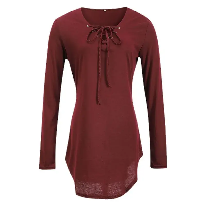 เสื้อยืดคอวีสีทึบผูกคอ2024สำหรับผู้หญิงเสื้อผ้ายุโรปและอเมริกาสำหรับฤดูใบไม้ร่วง YBF36-3