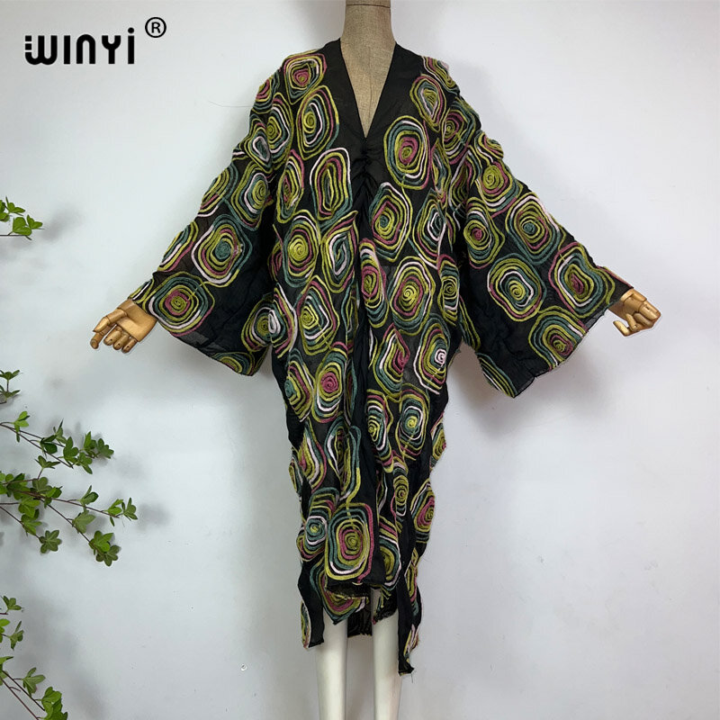 Winyi-ヴィンテージフローラル刺embroideryカフタンマキシドレス、中級eastパーティードレス、女性のためのボヘミアンビーチサンドレス、夏
