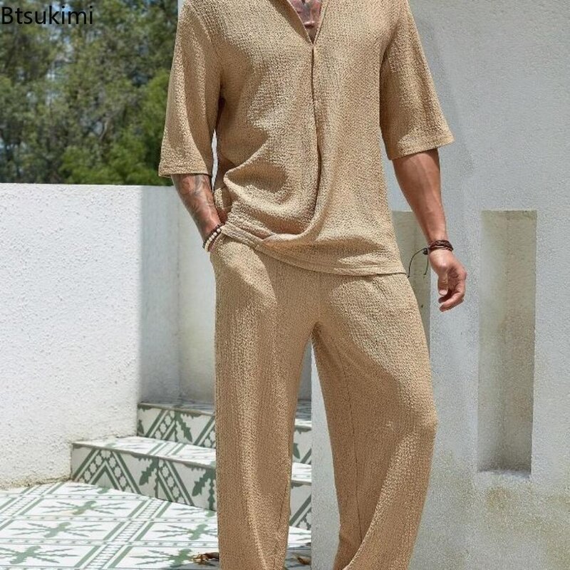 2024New men's Water Wave rughe set Casual moda irregolare mezza manica camicia e pantaloni tuta allentata Summer Men Holiday Outfit