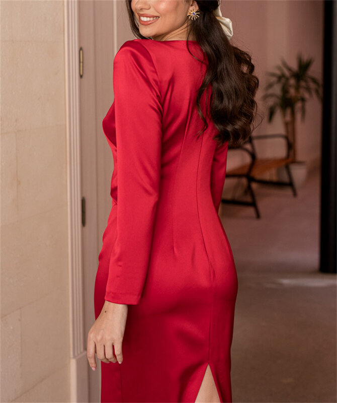女性のためのプリーツサテンのイブニングドレス、エレガントでフォーマルなシーン、フランス、赤、足首の長さ、カスタム、2024