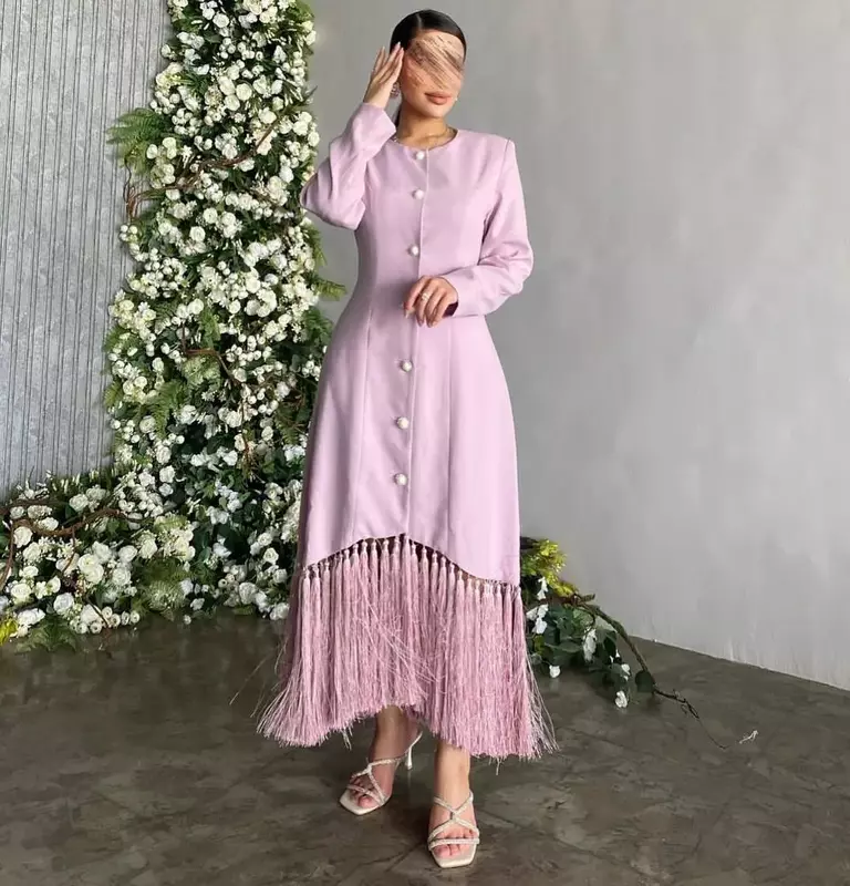 Yipeisha Crew Neck Prom Dresses with Buttons Long Sleeves Evening Party Saudi Arabia Women Wear Tassels Special Occasion Gown