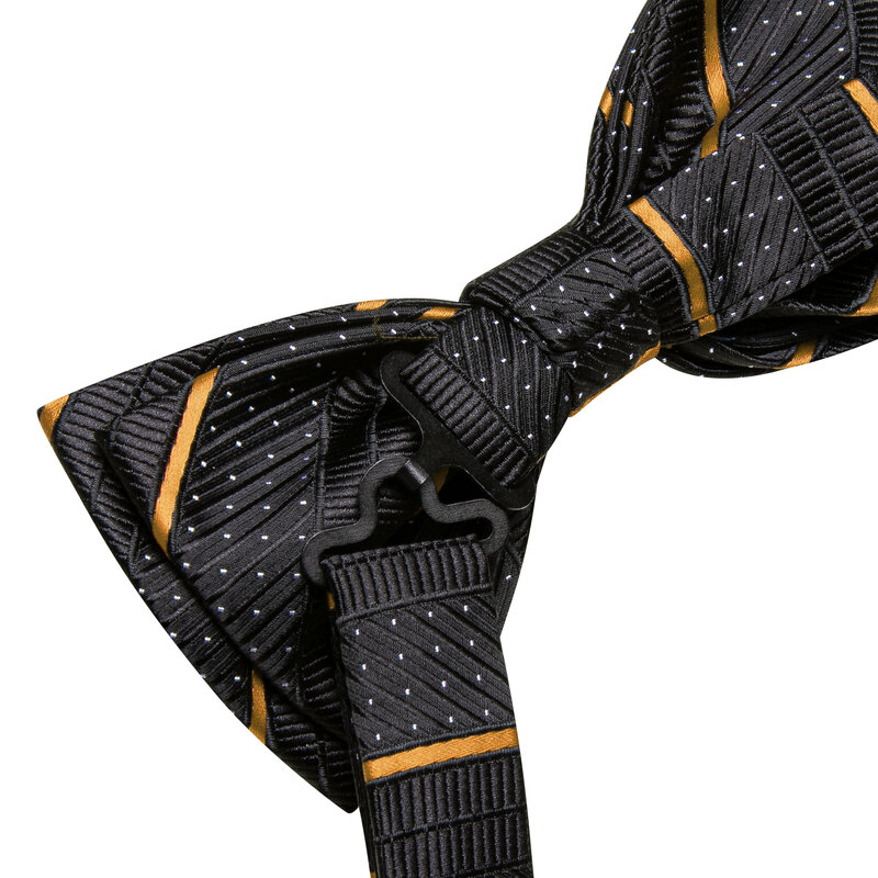 Hi-Tie Jacquard Black Gold Striped Bowtie for Men Silk Butterfly Tie Bow Tie Hanky Cufflinks Wedding Party Gift Bowtie Wholesale