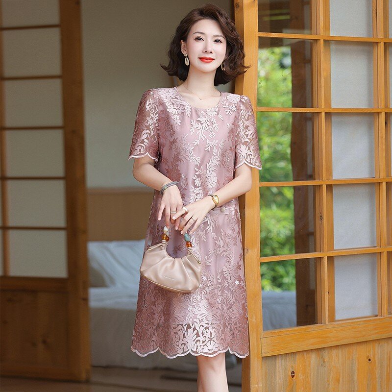 Summer Casual A-line Dress For Women Puff Sleeves Hollow Out Design Mid Length Solid Color Dresses 2024 New Clothing