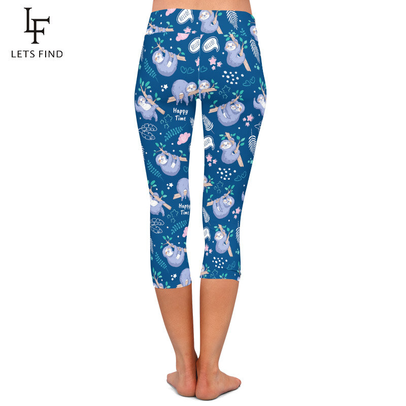 LETSFIND New Arrival śliczne lenistwo i tropikalne liście drukuj legginsy Capri wysokiej talii Slim Fitness połowy łydki legginsy