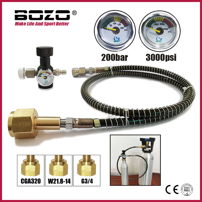 Soda Air Connect Co2 Cylinder Tank (TR21-4 Thread Type) Refill Adaptor With Hose Gauge Kit W21.8-14 G3/4 CGA320 Connector