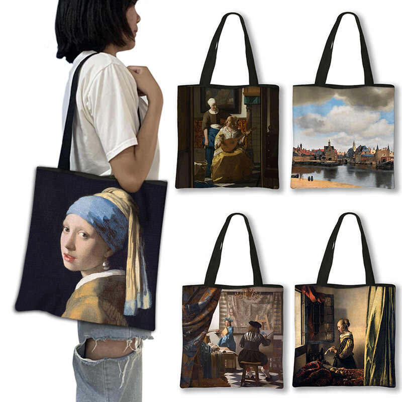 Oil Painting By Johannes Vermeer Print Shoulder Bag Girl with a Pearl Earring Totes Bags Women Reusable Canvas Shopper Bag Gift