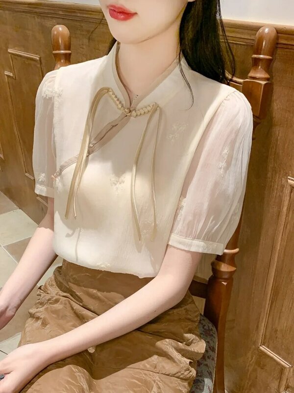 Miiiix-camisa de gasa Qipao chino para mujer, Top de diseño Sense, camisas de manga corta Retro francesas, ropa femenina, novedad de verano