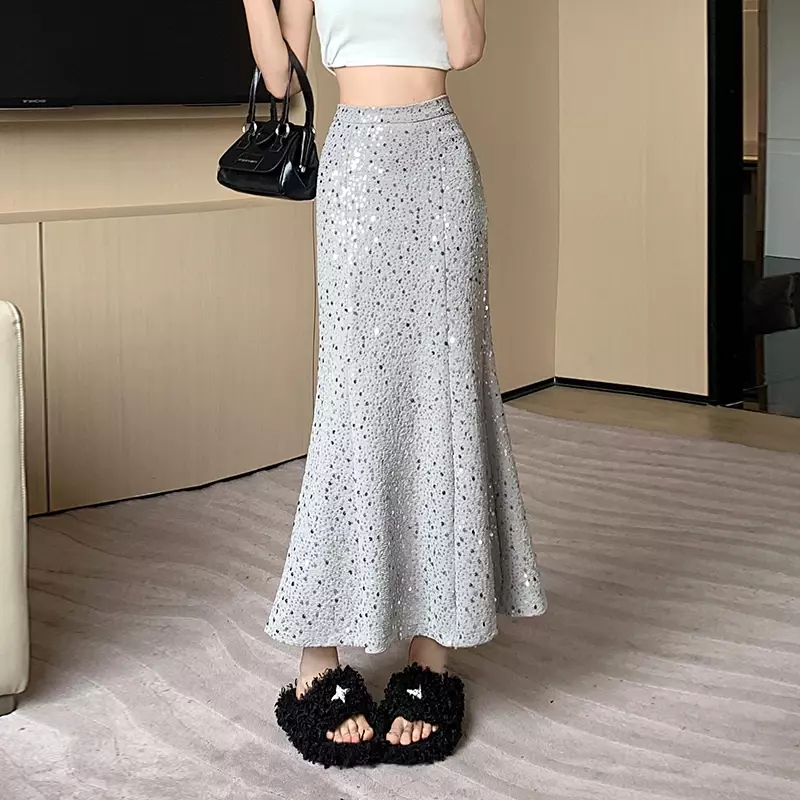 Женская юбка с блестками, облегающая юбка средней длины с высокой эластичной талией, блестящая облегающая юбка-годе, лето 2024
