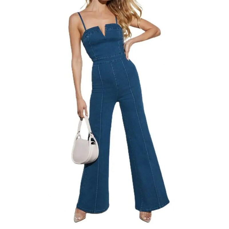Облегающий джинсовый комбинезон, стильный джинсовый комбинезон в стиле пэчворк с расклешенным подолом, на бретельках, с V-образным вырезом, с открытой спиной, с высоким дизайном для женщин