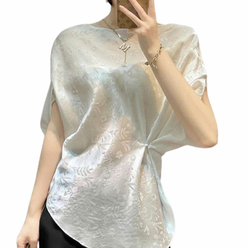 Elegant Fashion Harajuku Slim Fit Female Clothes Loose Casual All Match Tops Women Patchwork O Neck Insert Short Sleeve Blusa