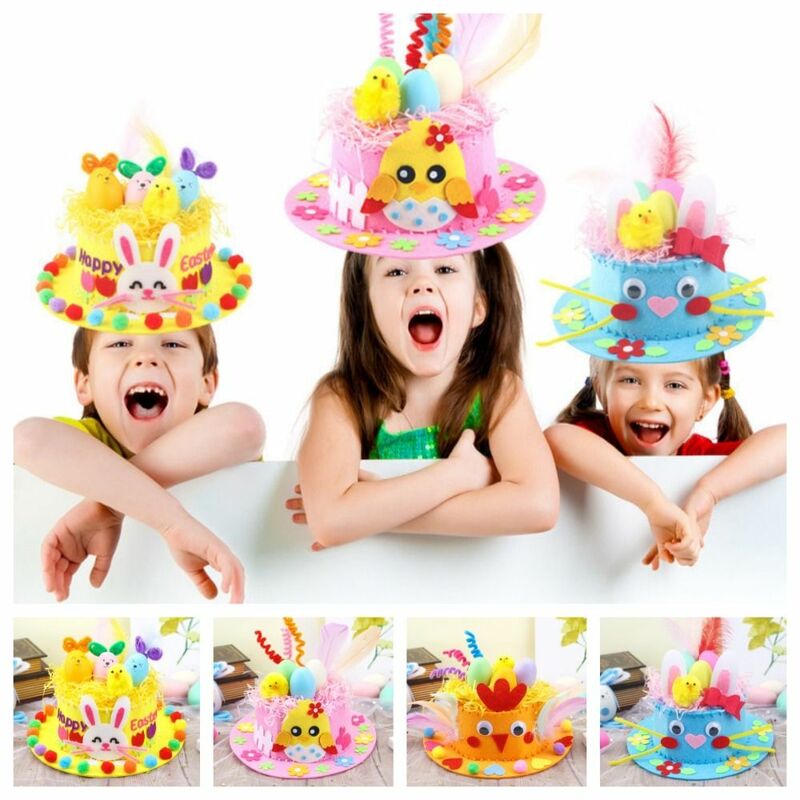 Sombrero de Pascua hecho a mano para niños, sombrero de Pascua pintado, cáscara de huevo, tela no tejida, bricolaje, regalos de juguete decorados