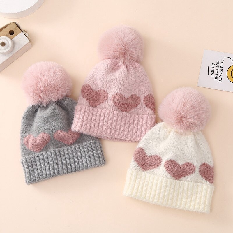 Baby Girl Double Layer Thickened Winter Hat Cute Heart Pattern Plush Fluffy Knit Beanie Warm Hospital Cap for Baby Cold Weather