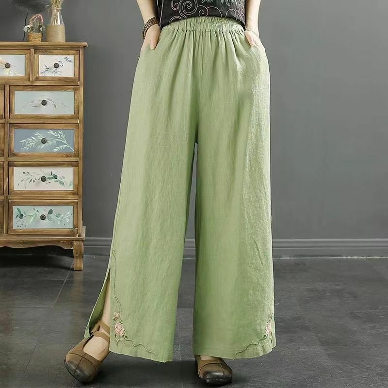 Retro Tribal Embroidery Cotton Linen Summer New Elasticized High-waisted Loose Solid Color Pockets Casual Women's Wide Leg Pants