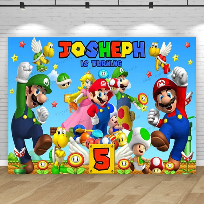 Personalizado Super Mario Bros Tema Cenário, nome e idade, Kids Birthday Party Background, Baby Shower Banner, Props Decor para Meninos