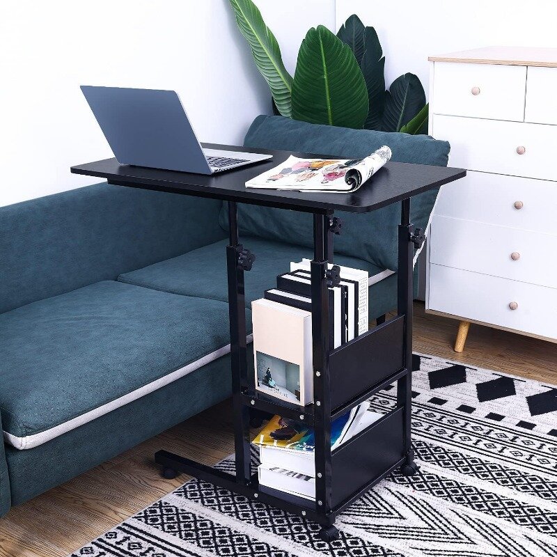 Home Office Desk with Drawer Standing Desk Adjustable Height, Moveable Computer Stand with 4 Wheels