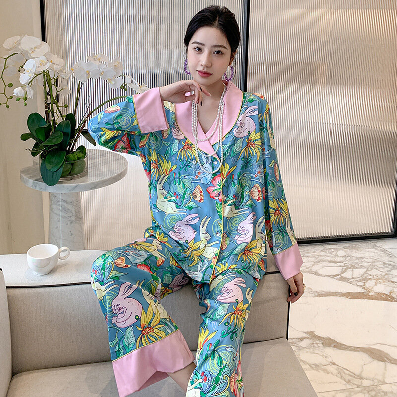 Ice silk pajamas women long-sleeved abstract pattern pajamas home clothing wholesale silk pajamas for women