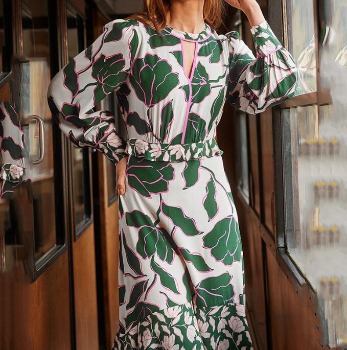 Женское платье с высокой талией, свободное платье с принтом в виде листьев лотоса и длинными рукавами, платье с оборками по краям для весны и лета, 2024
