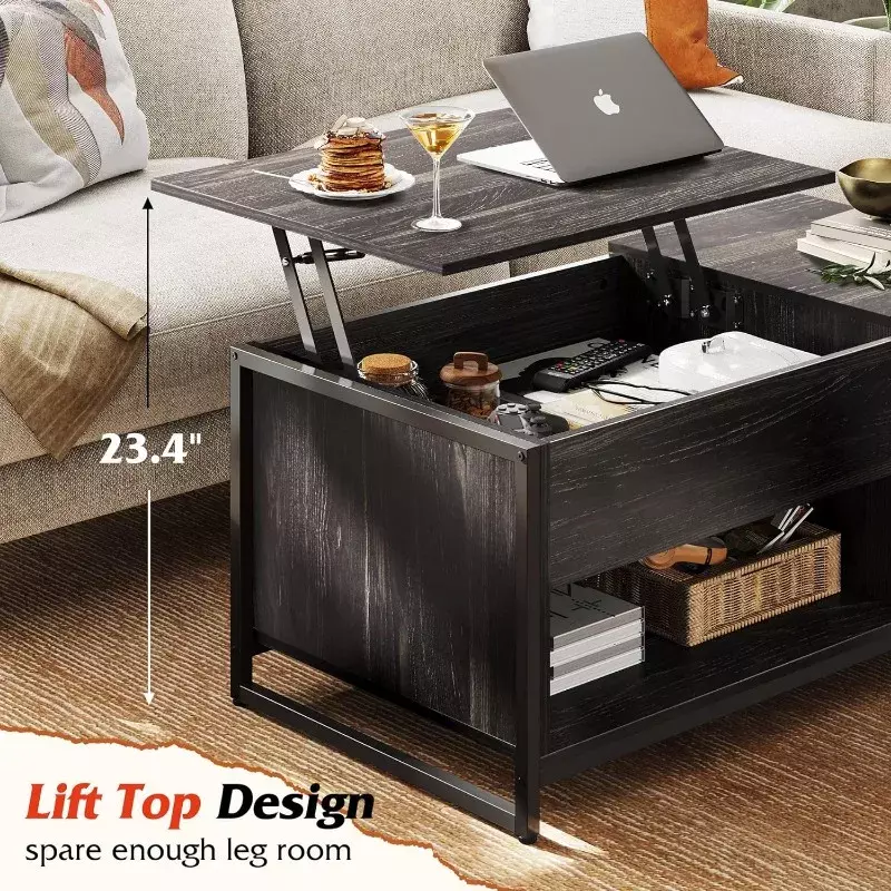 Кофейный столик WLIVE для гостиной, подъемный журнальный столик со скрытым отсеком и металлическим сетчатым дверным шкафом, черный, дерево