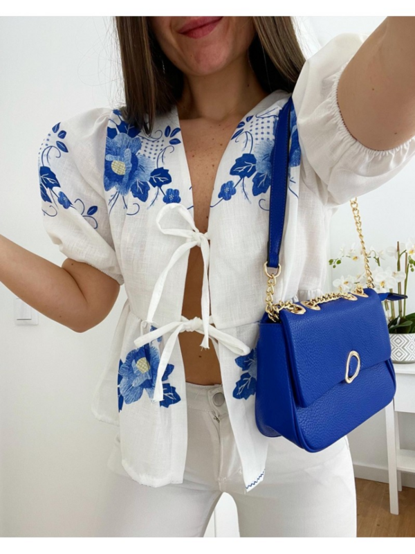 Print Bow Hollow Out Shirt Top Women Lace Up Short Puff Sleeve V-neck Blouses 2024 Spring Summer Elegant Commute Lady Outwear