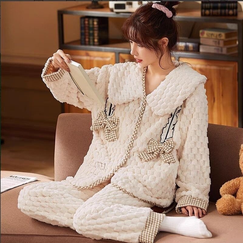 Pijama de lã coral feminino, loungewear com gola de boneca, inverno quente, outono, duas peças, intensificação, princesa, pode ser desgastado fora