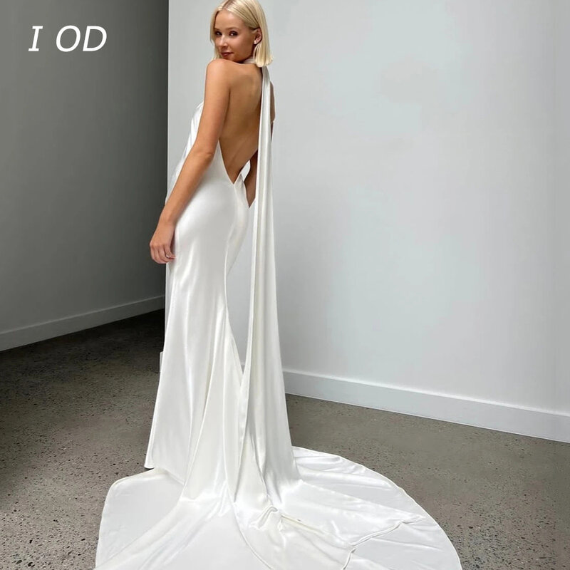 I OD gaun pernikahan Satin gantung leher sederhana, gaun pengantin wanita seret lantai ekor ikan pas badan
