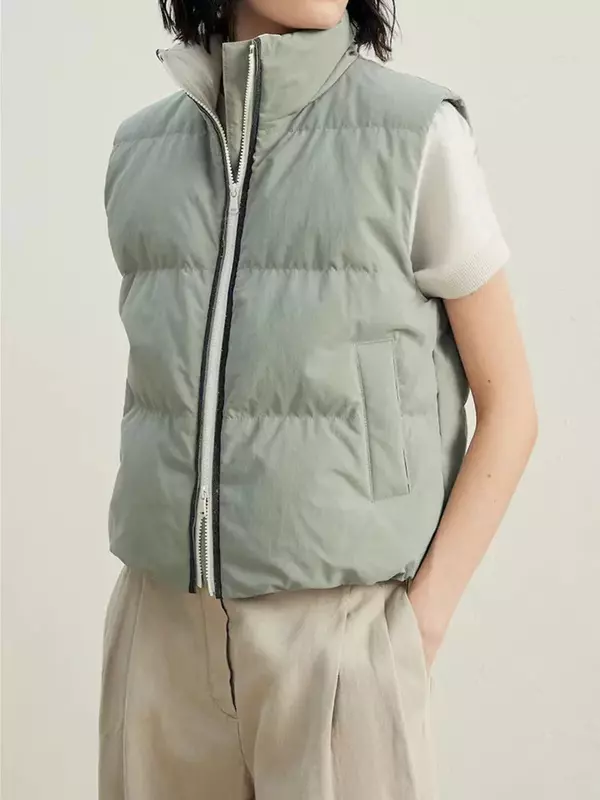 Women's Down Coat Vest 2023 New Fall Winter Beading Chain Zipper Stand Collar Simple Slim Casual Sleeveless Jacket