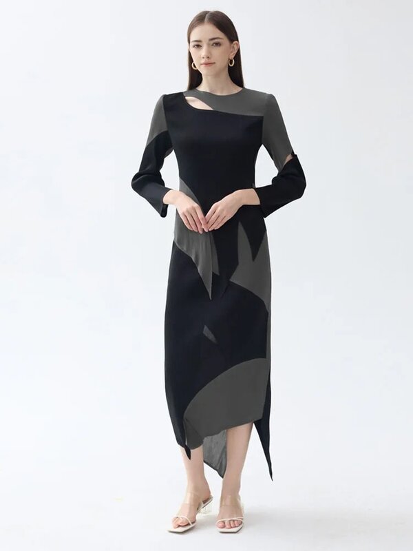 Miyake Geplooide Contrastkleur Tweedelige Set Dames 2024 Nieuwe Originele Designer High Fashion Lange Mouw Top Onregelmatige Rok