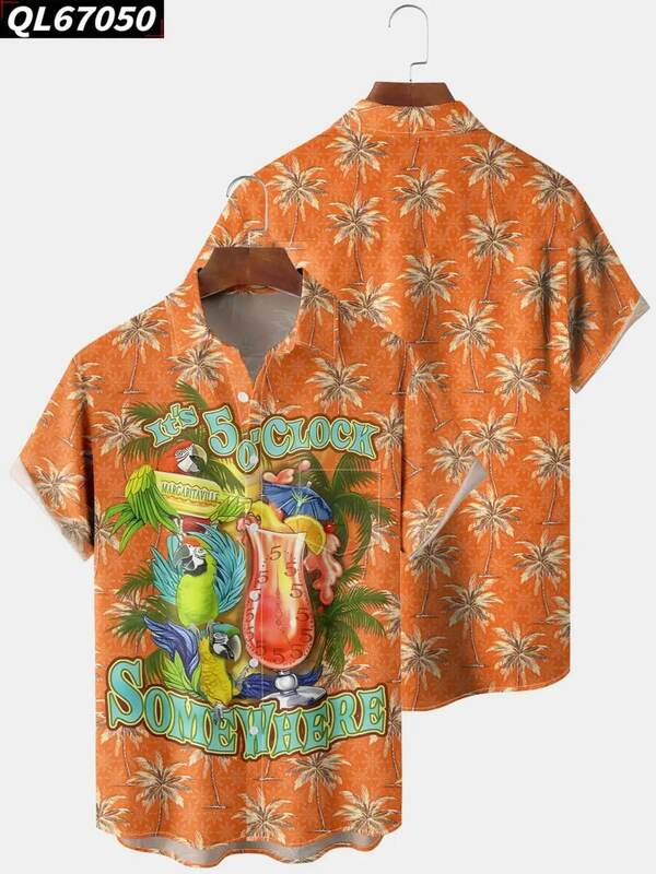Hawaii Hemd Mann Sommer Kurzarm hochwertige Taschen hemden Männer Papagei Muster lässig Urlaub Kleidung Camisa Masculina
