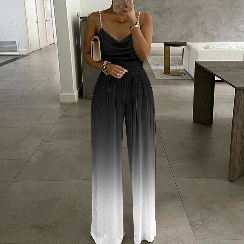 Women's Gradient Printed Sleeveless Tops With Pearl Suspender And Loose Wide Leg Jumpsuit Summer V Neck High Waist Ladies Romper