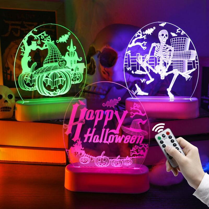 Luz de noche de Halloween colorida, lámpara de escritorio de ilusión acrílica 3D, calavera de calabaza, adornos de fiesta de luz decorativa de Halloween