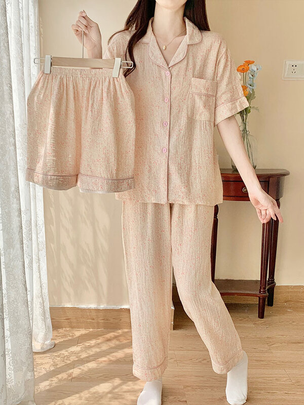 ชุดนอน3ชิ้นสำหรับผู้หญิงชุดอยู่บ้านคาร์ดิแกนแขนสั้นพิมพ์ลาย + กางเกง + กางเกงขาสั้นชุดชุดนอนผ้าฝ้ายญี่ปุ่นไซส์ใหญ่พิเศษ